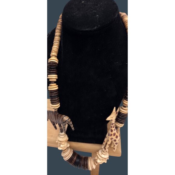 Handmade Wooden Beaded Necklace With Carved Giraffe & Zebra Pendants - Picture 3 of 15